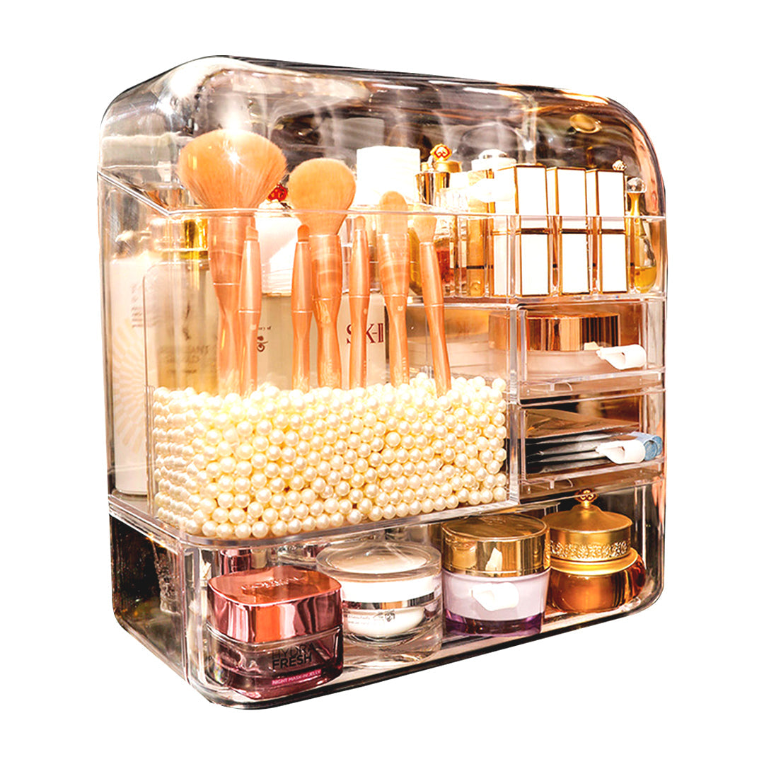 SOGA Transparent Cosmetic Storage Box Clear Makeup Skincare Holder with Lid Drawers Waterproof Dustproof Organiser with Pearls