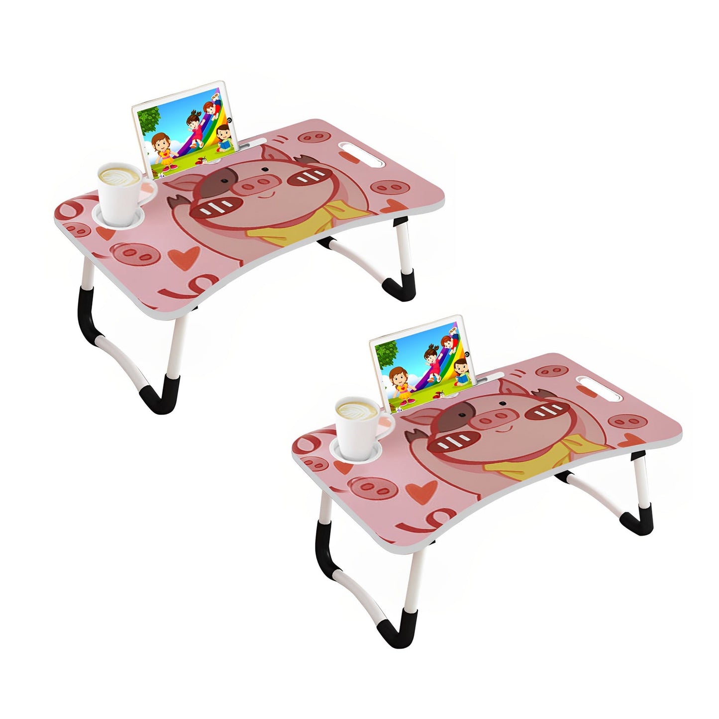 SOGA 2X Cute Pig Design Portable Bed Table Adjustable Foldable Bed Sofa Study Table Laptop Mini Desk with Drawer and Cup Slot Home Decor