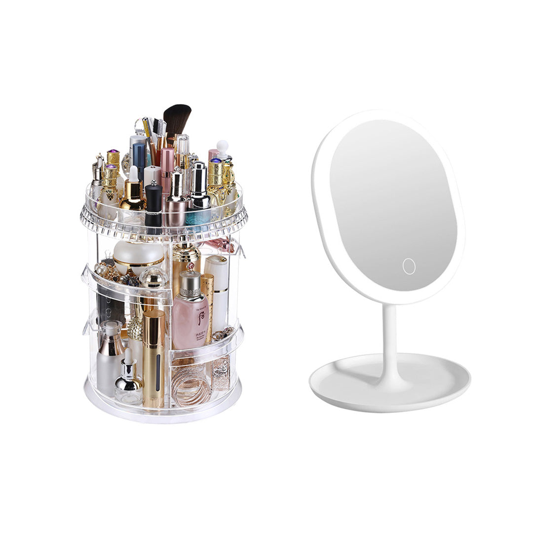 SOGA 360 Degree Rotating Makeup Organiser Cosmetics Holder with 20cm White Rechargeable LED Light Tabletop Vanity Mirror Set