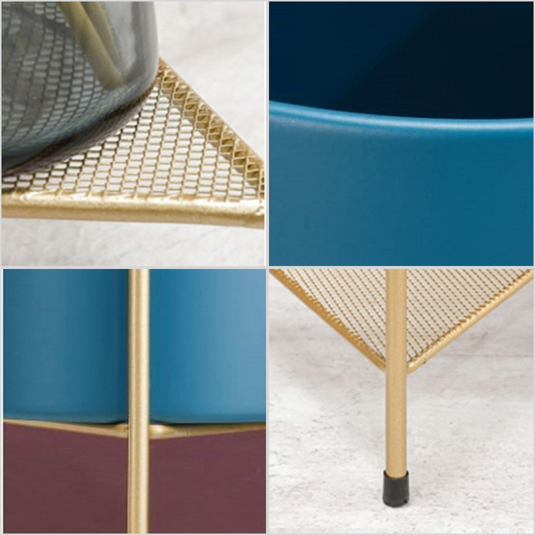 SOGA 4X 2 Layer 81cm Gold Metal Plant Stand with Blue Flower Pot Holder Corner Shelving Rack Indoor Display