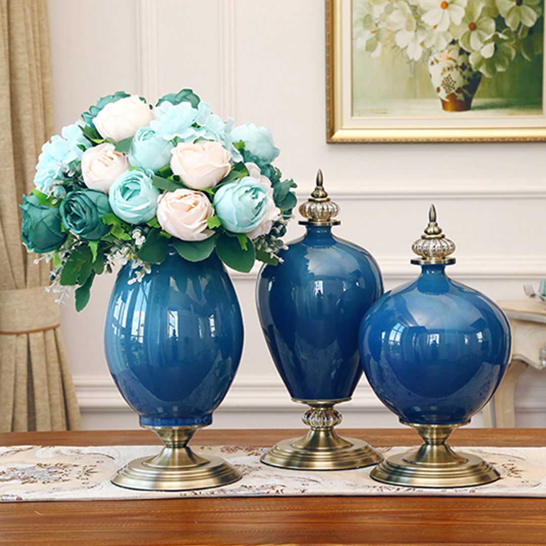 SOGA 40.5cm Ceramic Oval Flower Vase with Gold Metal Base Dark Blue