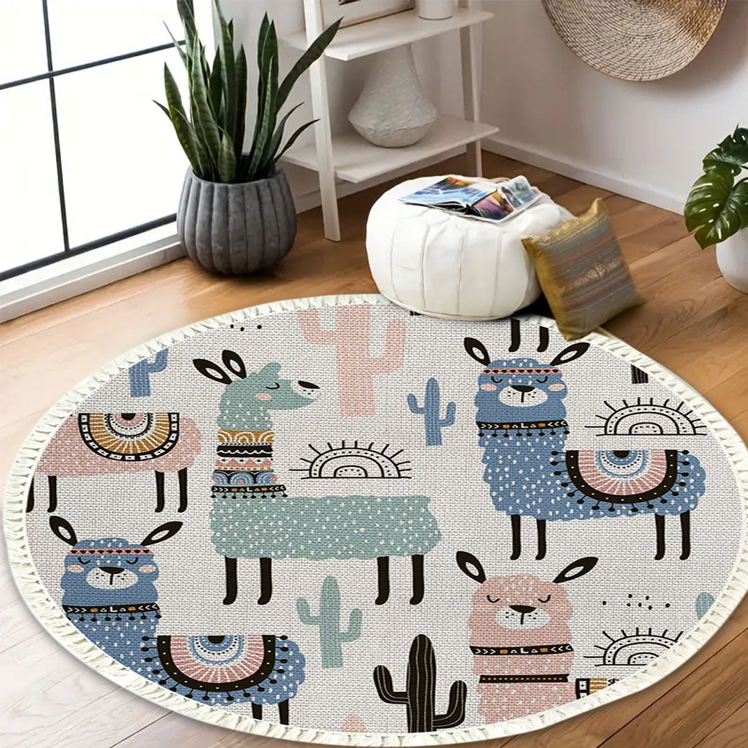 SOGA 2X 120cm Alpaca Cactus Pattern Rug Desert Animals Non-Slip Round Area Rugs for Living Room Dining Room