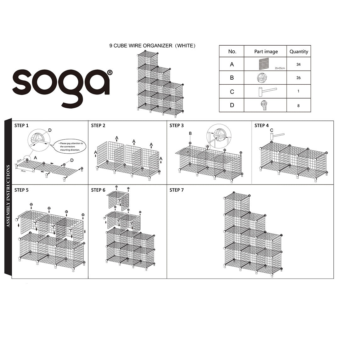 SOGA White Portable 9-Cube 3 Column Storage Organiser Foldable DIY Modular Grid Space Saving Shelf 149cm
