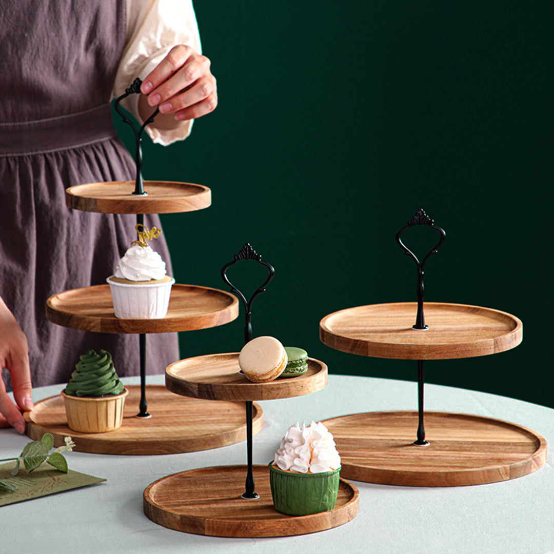 SOGA 20cm 2 Tier Brown Round Wooden Acacia Dessert Tray Cake Snacks Cupcake Stand Buffet Serving Countertop Decor