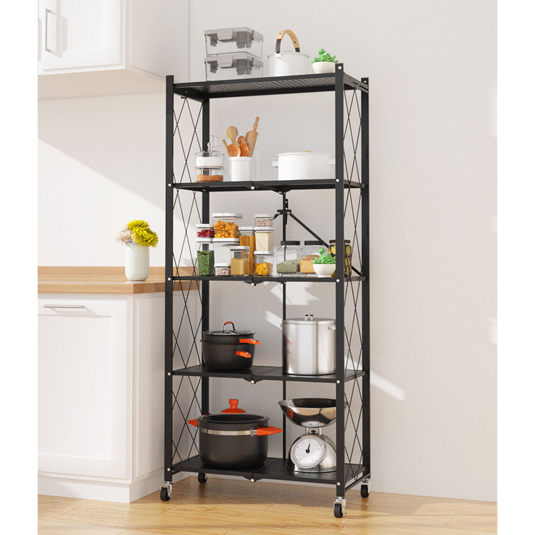 SOGA 5 Tier Steel Black Foldable Kitchen Cart Multi-Functional Shelves Storage Organizer with Wheels