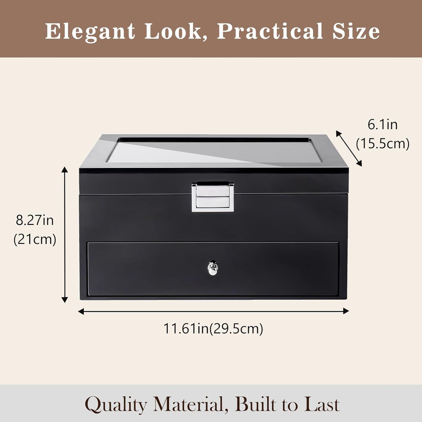 Lacquered Finish Wooden Men's Jewelry Box, Watch and Sunglasses Box Organizer for Men, 2-Tier Watch Holder Display Cases with Clear Glass Top and Storage Drawer