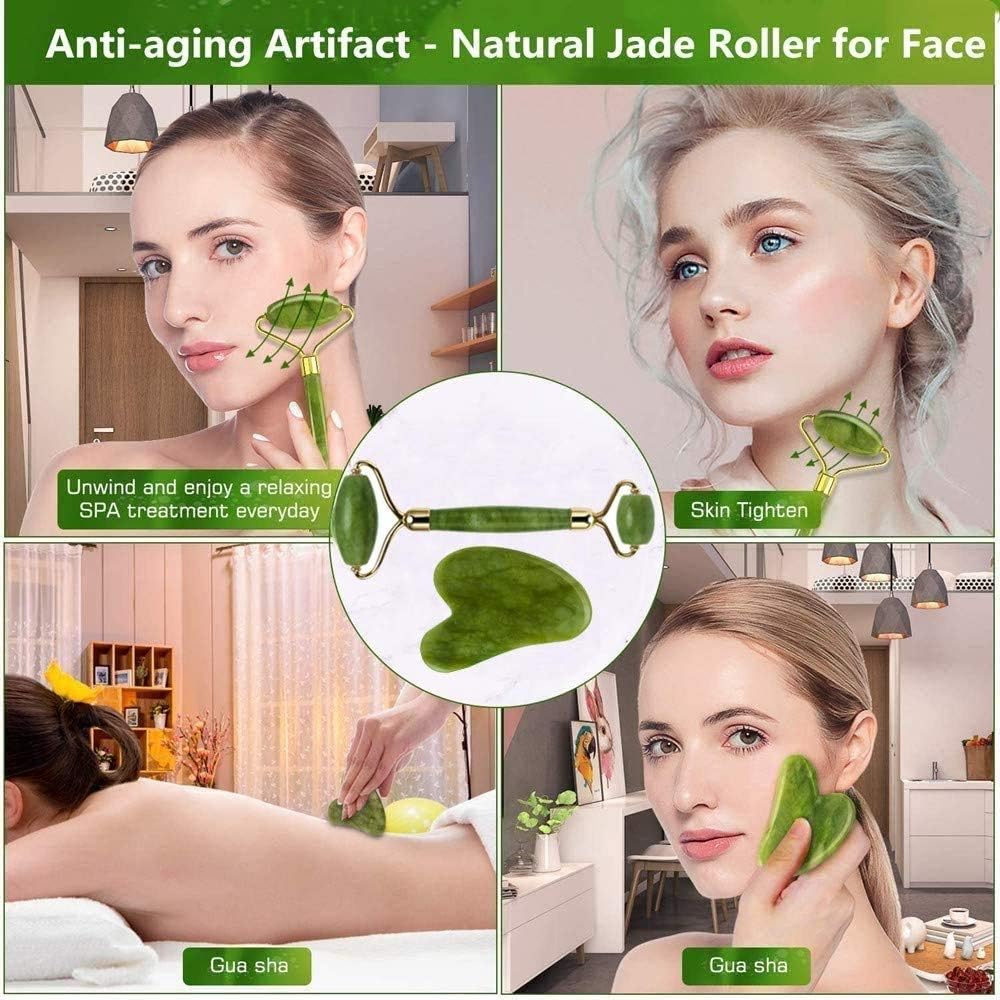 Jade Roller Gift Set, Natural Green Face Roller and Gua Sha Stone Set, Face Massager Jade Stone Facial Roller for Eye Puffiness, Skin Tightening, Rejuvenation of The Face and Neck (dark green)