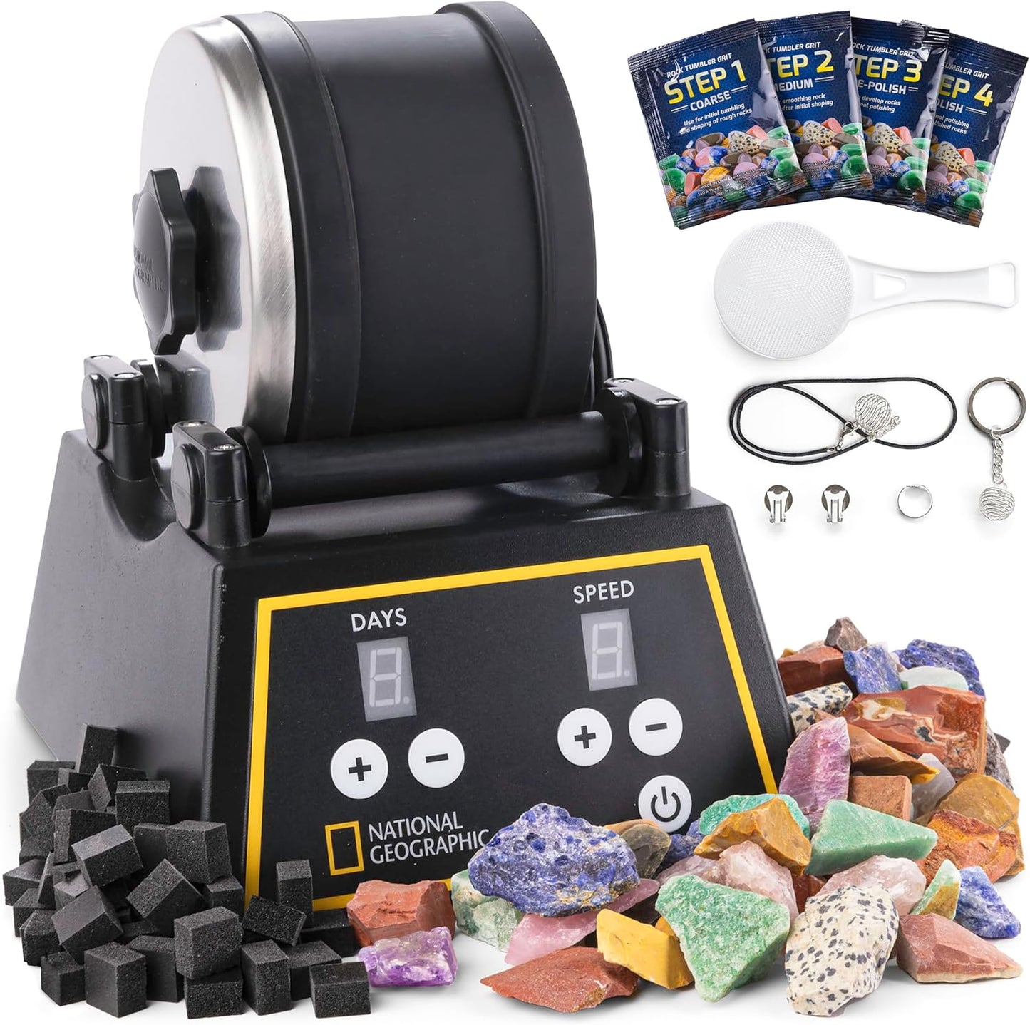 National Geographic Professional Rock Tumbler Kit- Advanced Features Include Shutoff Timer and Speed Control - 907 Gram Barrel, 453 Grams of Gemstones, 4 Polishing Grits, GemFoam, Jewelry Fastenings