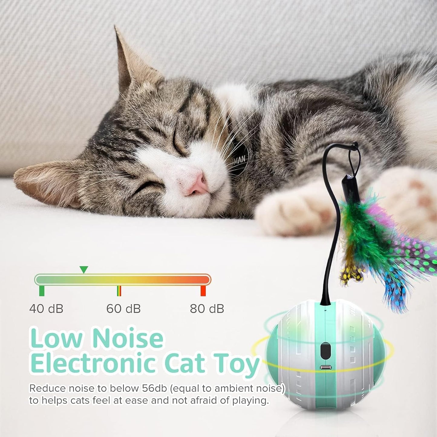 Interactive Cat Toys, 360 Degree Self Rotating Feather Robotic Cat Ball, USB Rechargeable Electric Kitten Toys with LED Lights and Funny Bird Sound for Indoor Cats/Pets