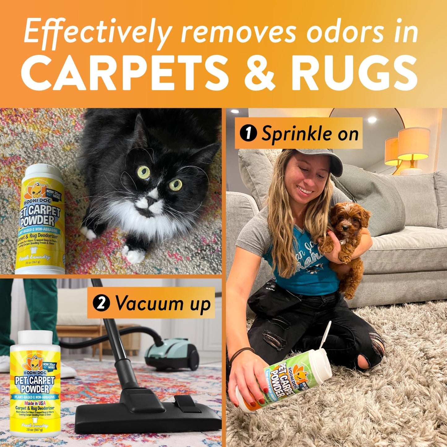Natural Dog Odor Carpet Powder | Dry Pet Smell Neutralizer and Eliminator | Remove Urine Smells | Plant Based Biodegradable Room Deodorizer Loosens Fur and Dirt