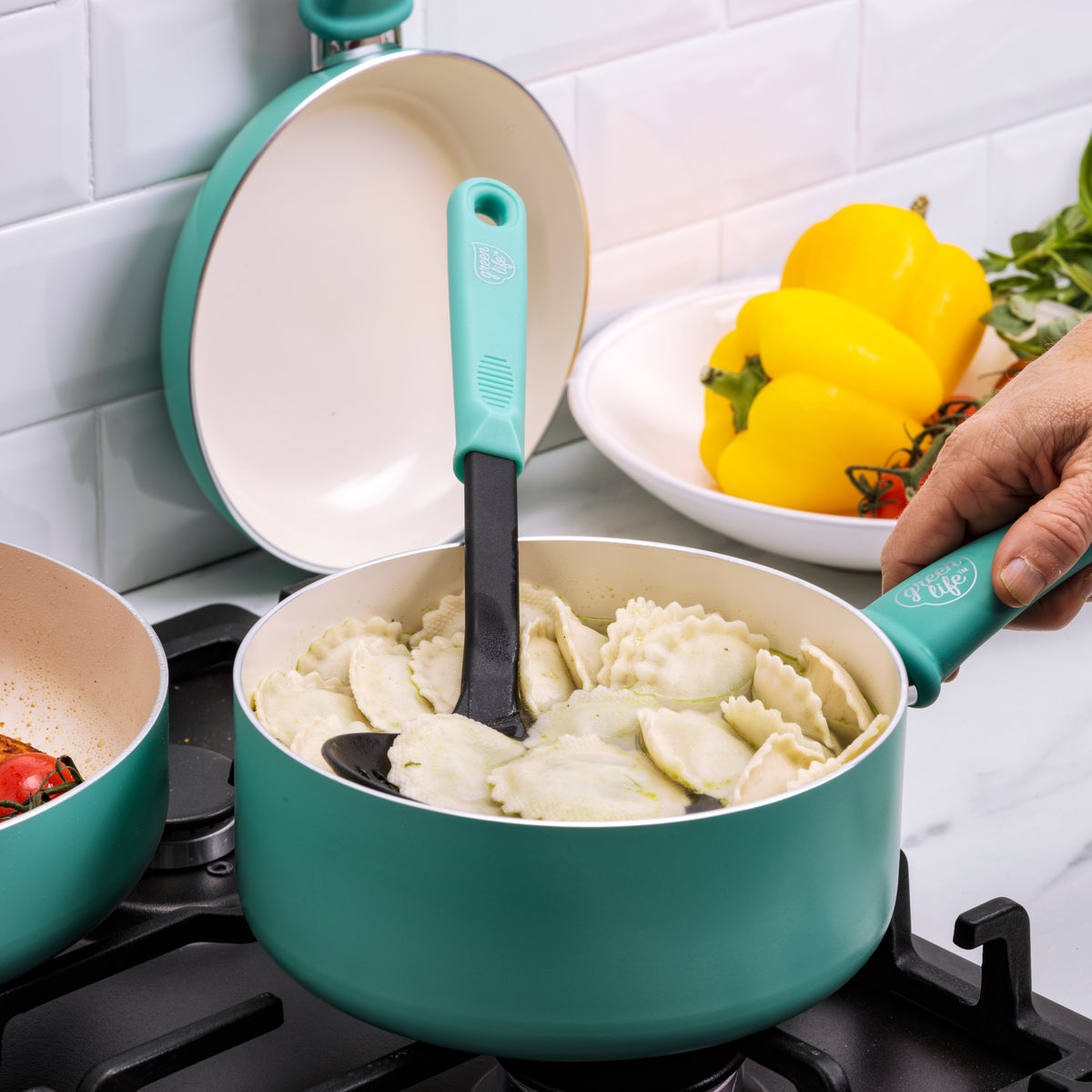 GreenLife Soft Grip 12-piece ceramic cookware set in turquoise — image 7