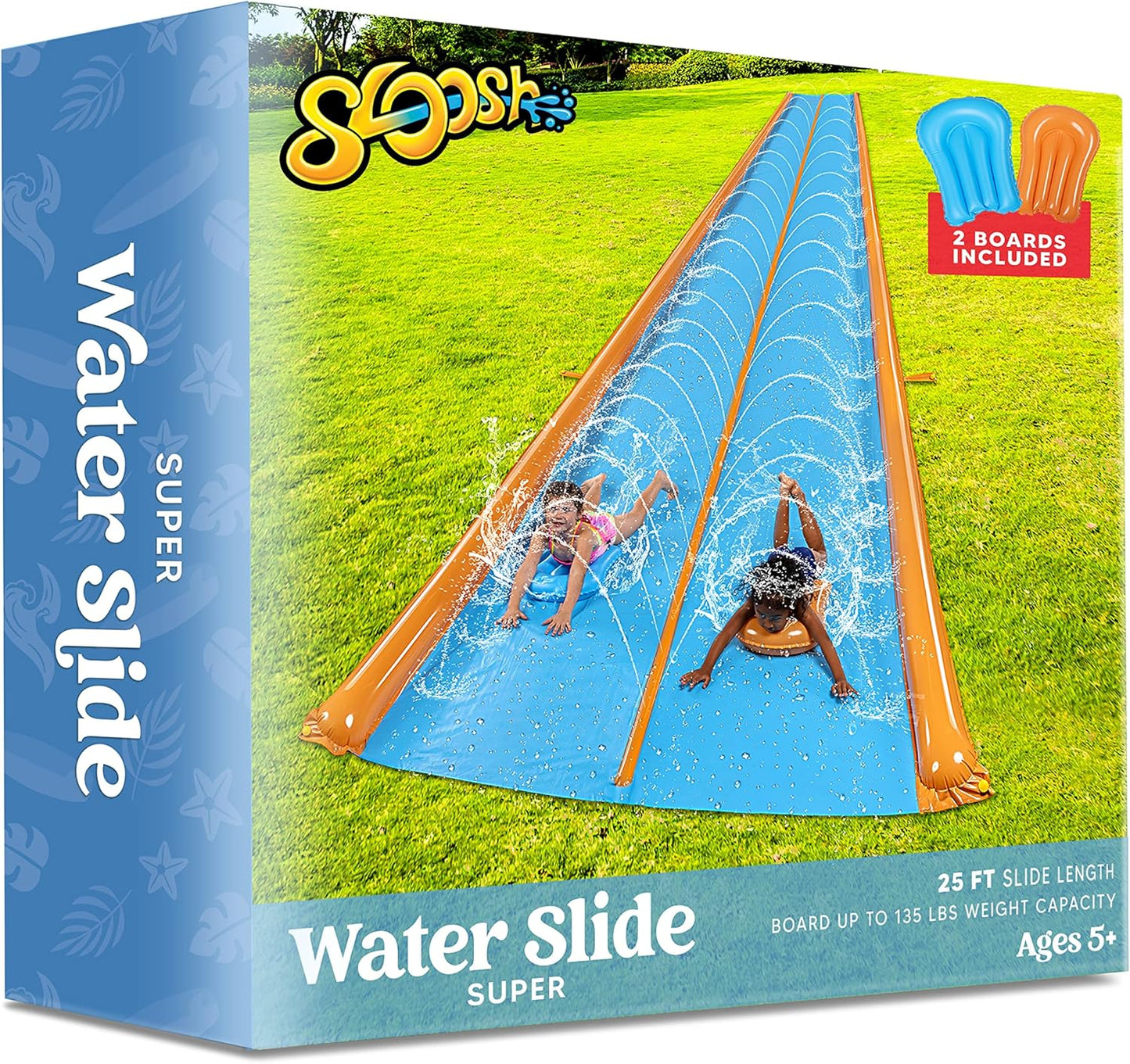Sloosh Double Lane Water Slide,25ft x 6ft Heavy Duty Lawn Water Slip and Slide with Sprinkler and 2 Inflatable Boards for Adult Kids Party Summer Yard Outdoor Play Activities