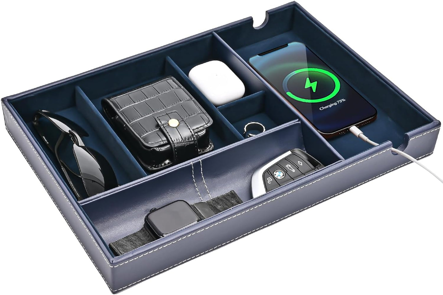 Valet Tray Organizer for Men, PU Leather Nightstand Holder with Large Cellphone Charging Station