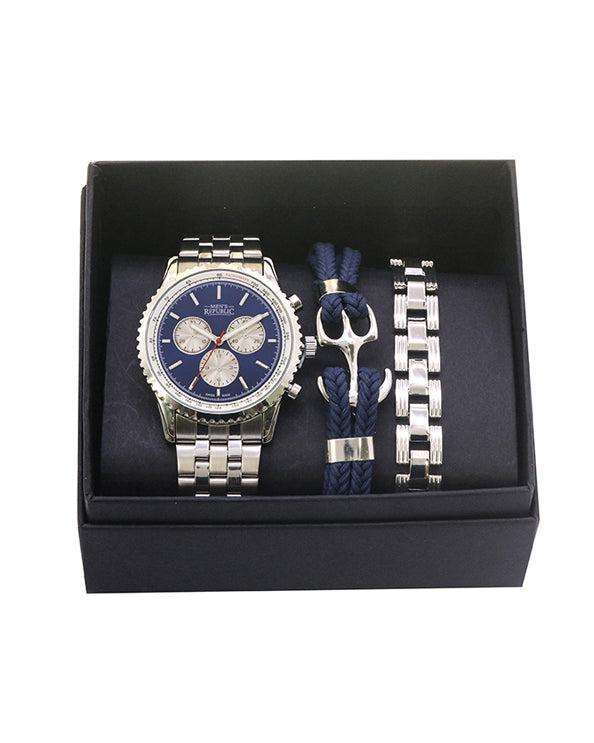 Men's Republic Watch set with 2 Bracelets - Silver and Blue 2