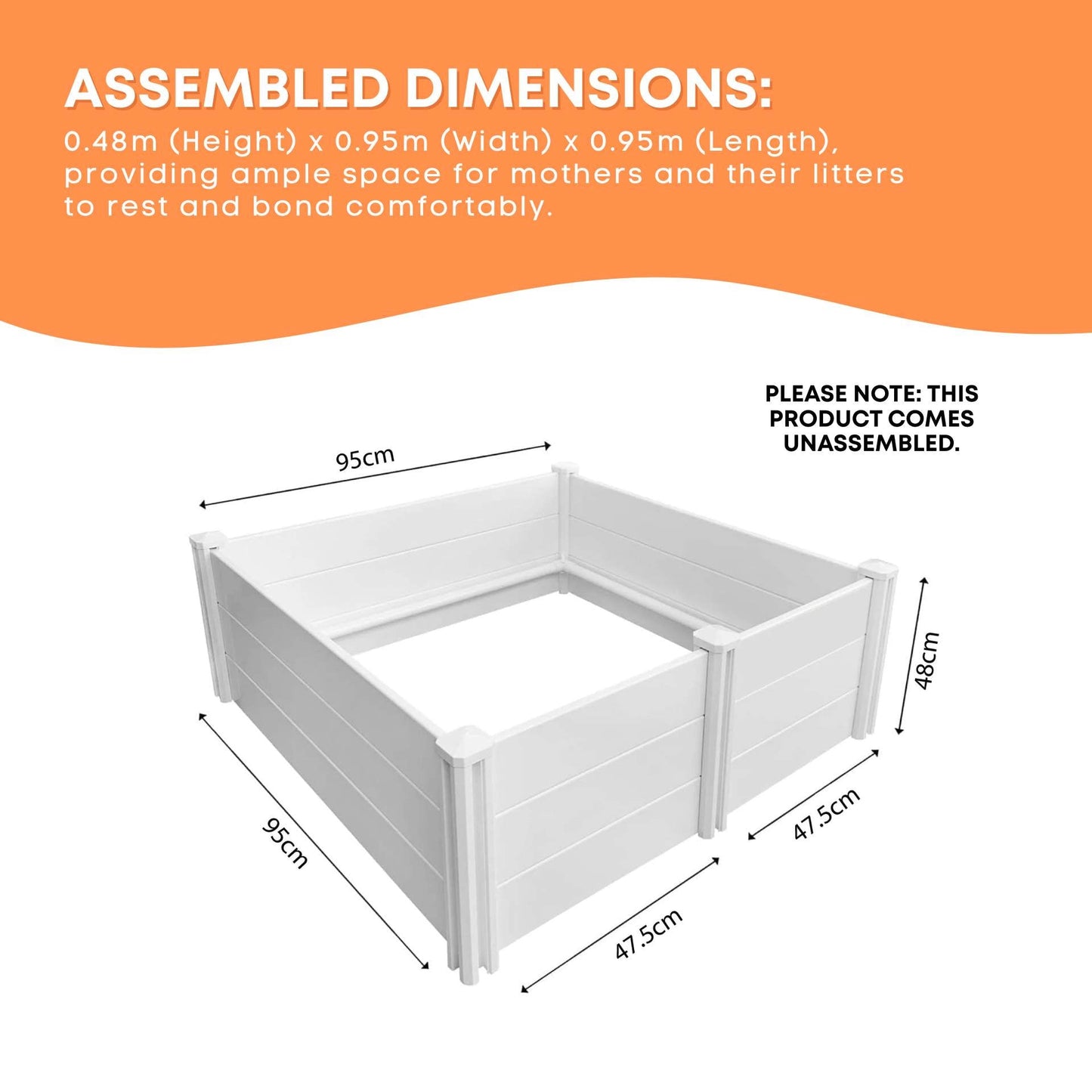 Dog Whelping Box 0.95m x 0.95m x 0.48m - Puppy Birthing PVC Pen