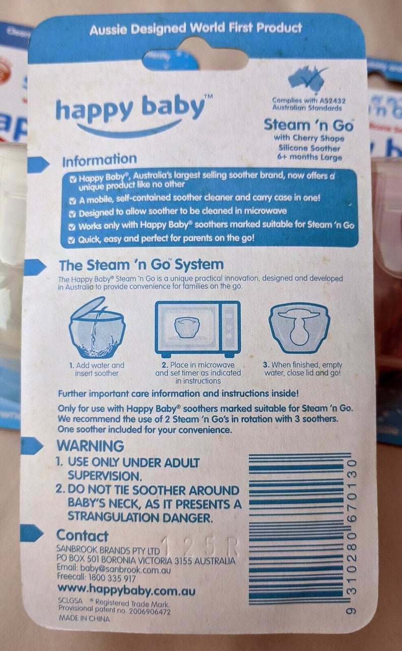 25 x 4 Pack (100 Pieces) -Wholesale Resell Retail Happy Baby Steam n Go Cherry Silicone Soother