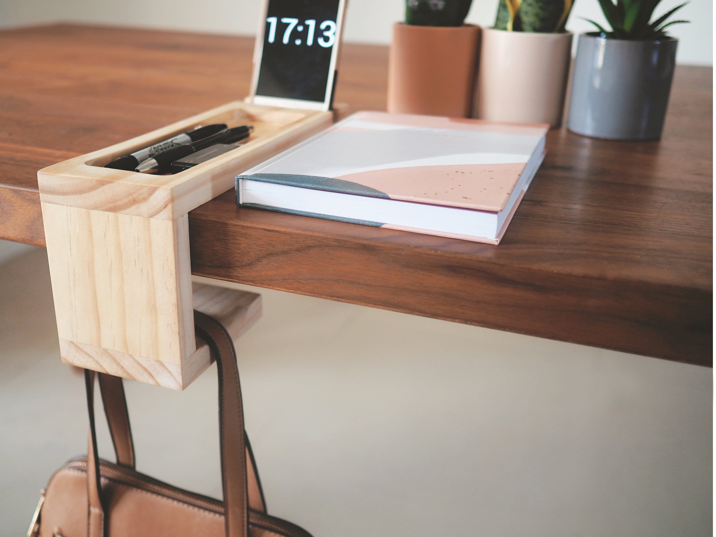 Desk Organiser with bag holder - Desk Organizer for women, wooden desk ...