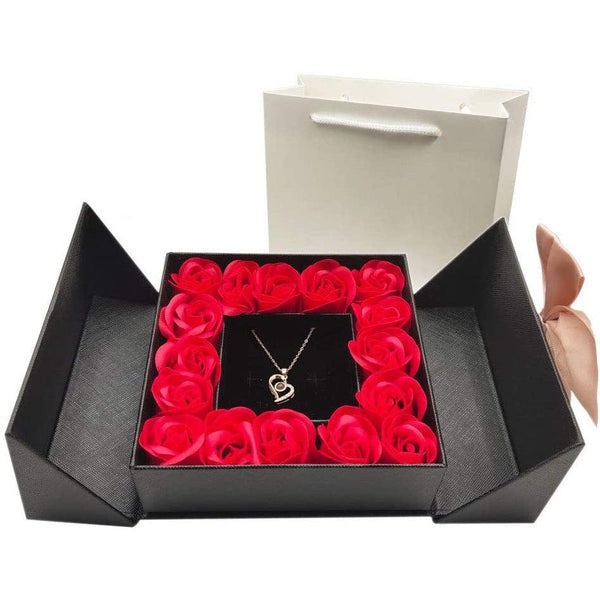 Eternal Real Rose Gift Box with Heart Design Necklace 100 Languages Love You, Forever Flower for Her, Romantic Birthday Gift, Anniversary, Mother's Day, Valentine's Day, Christmas (Black Box, Heart)