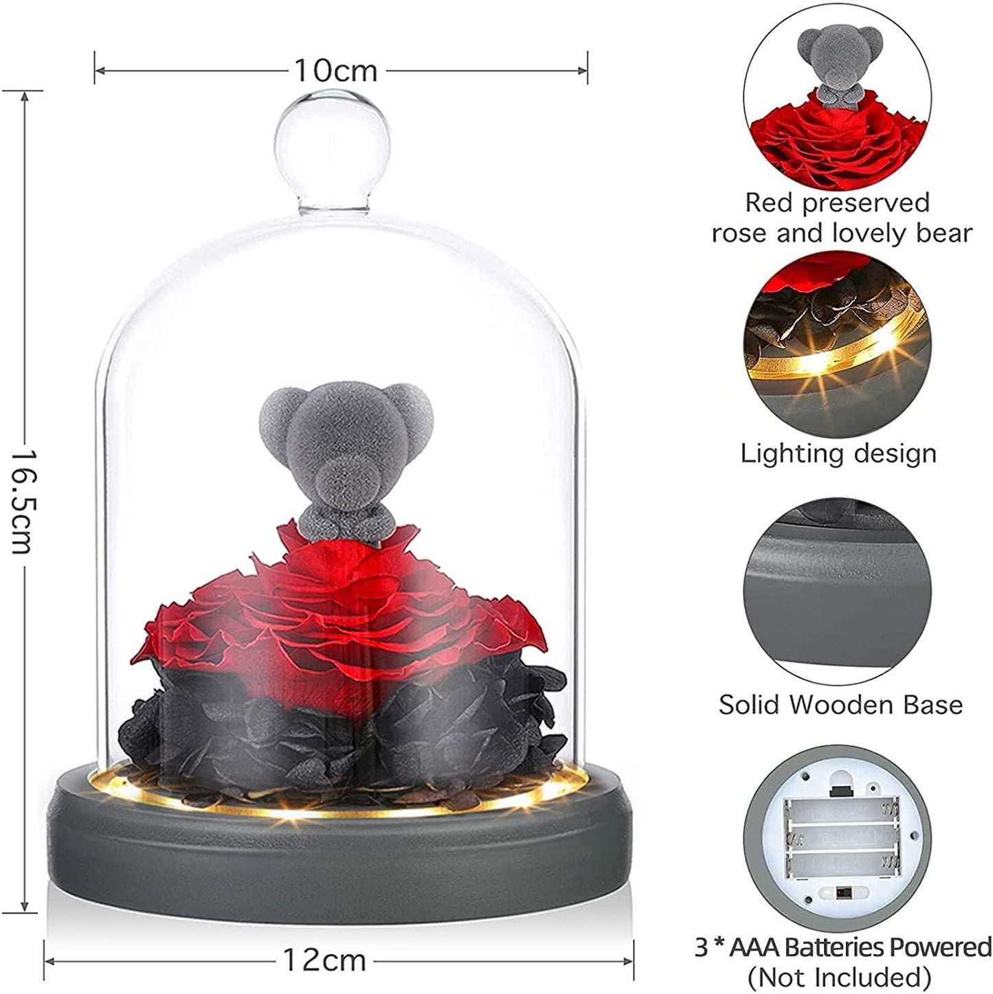 Real Eternal Rose LED Lights, Wood Base Warm Handmade Artificial Flower for Her - Gifts-Australia