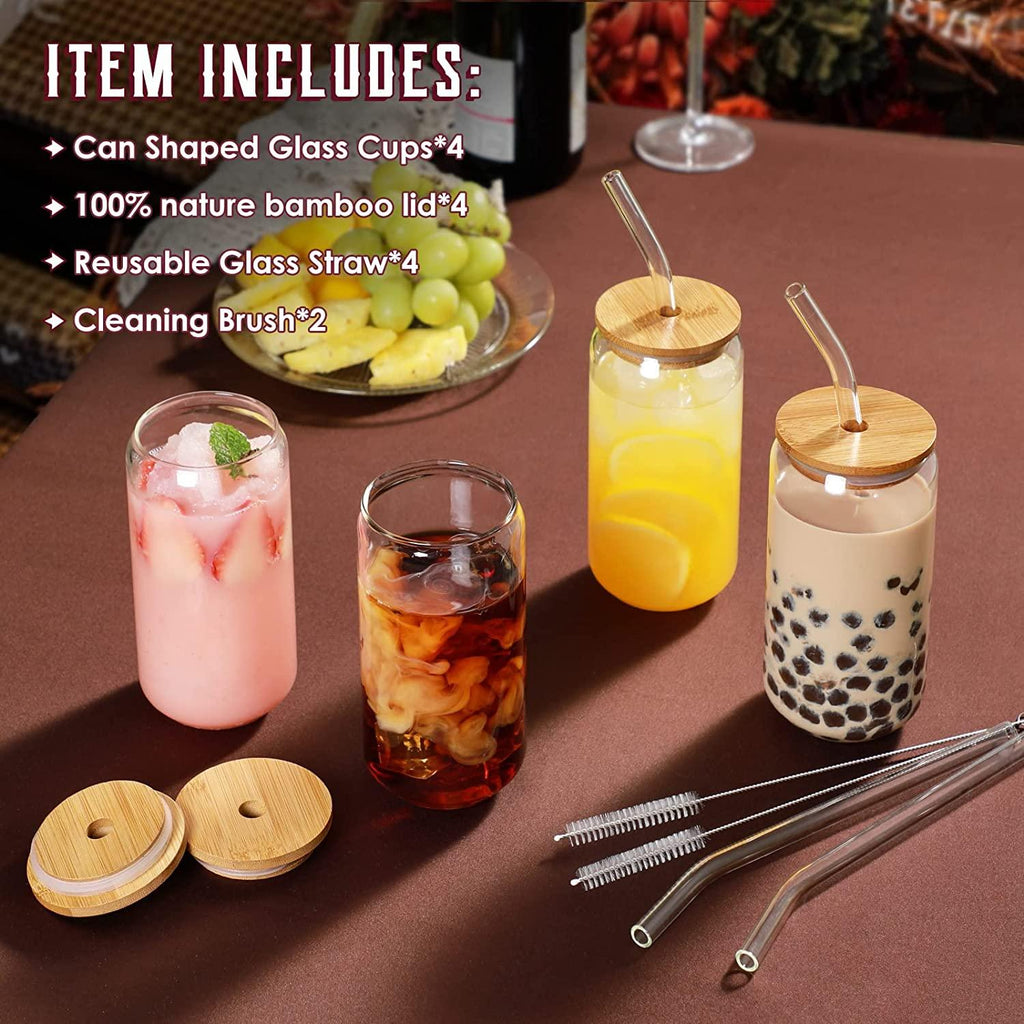 8pcs Set ] Drinking Glasses with Bamboo Lids and Glass Straw - 16oz Can  Shaped Glass Cups, Beer Glasses, Iced Coffee Glasses, Cute 