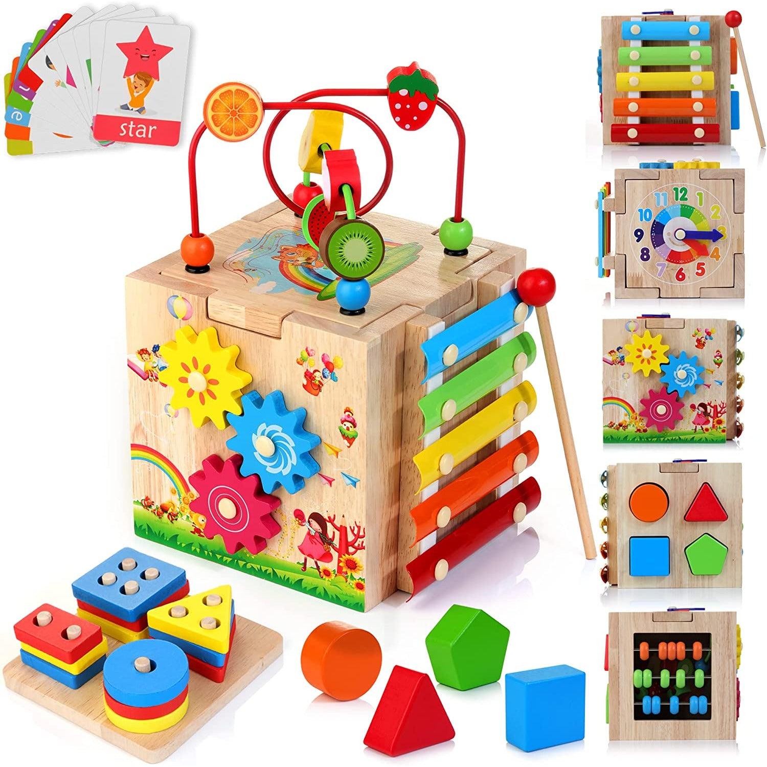 Wooden Kids Baby Activity Cube, 8-in-1 Toys Gift Set for 12M+ Boys