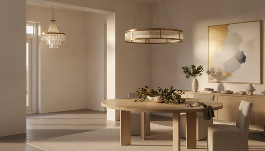 Sculptural statement pendant light over a dining table with a chandelier in the entryway