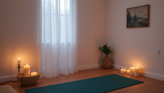 A cozy corner with candles and a yoga mat