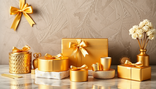 A collection of elegant gold-themed luxury gifts