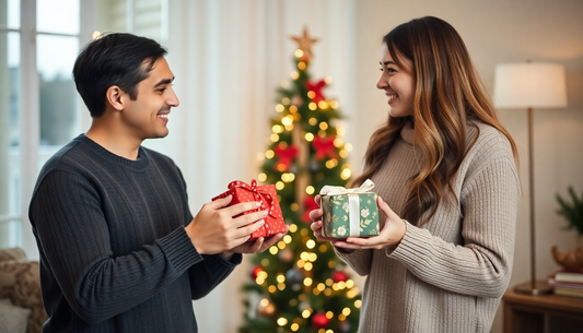 A couple exchanging thoughtful and romantic gifts