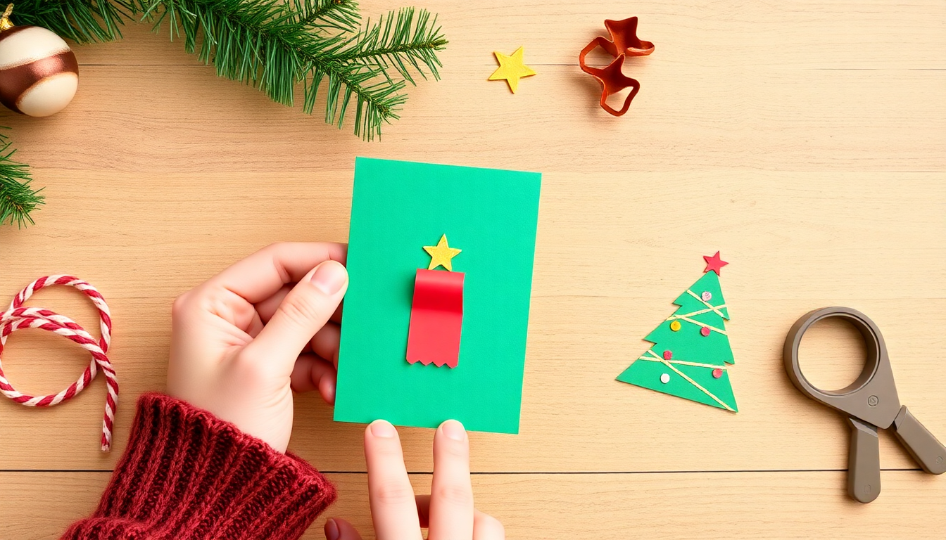 Hands crafting colorful DIY Christmas cards