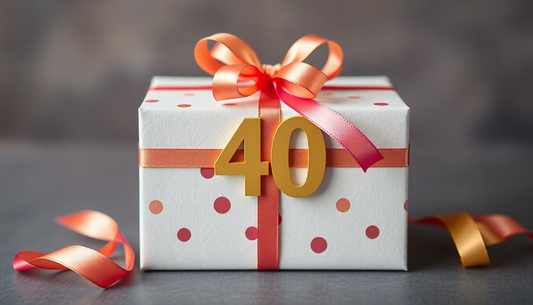 A beautifully wrapped 40th birthday gift box with ribbons