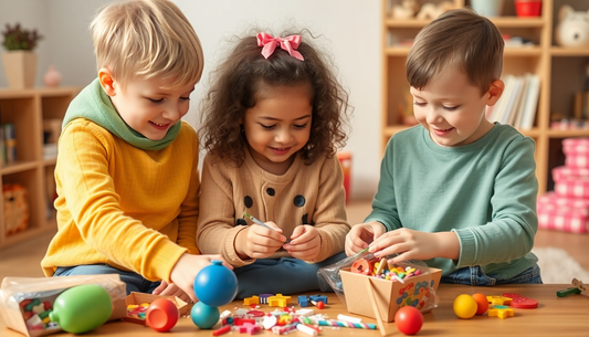 Children happily exploring creative non-toy gifts