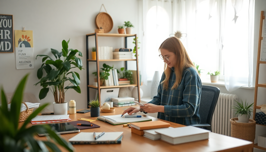 A person organizing a cozy home workspace