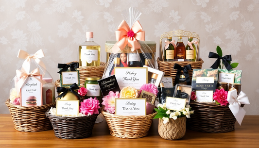 A variety of elegant thank you gift baskets beautifully arranged