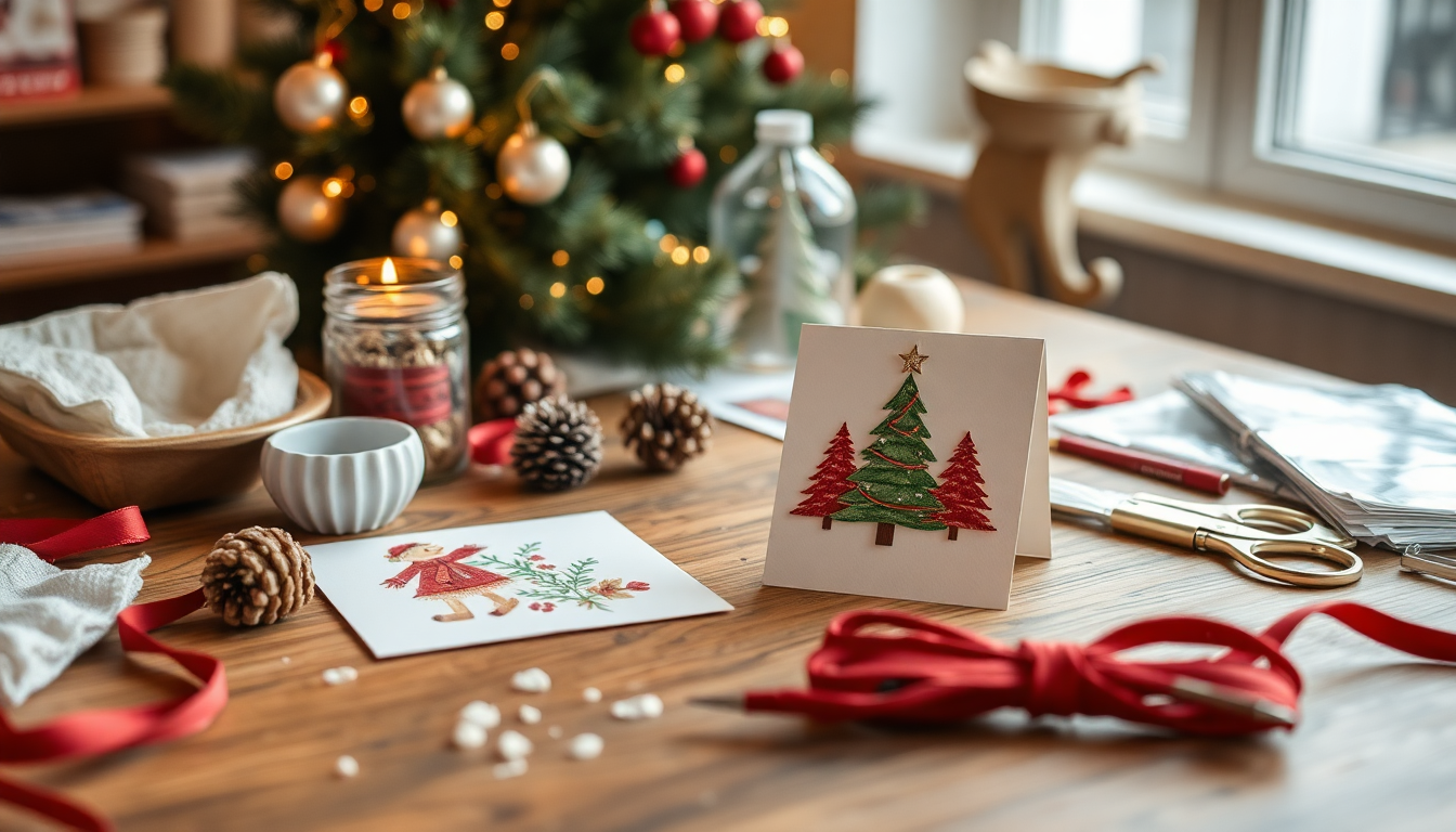 A table with handmade Christmas card crafting supplies