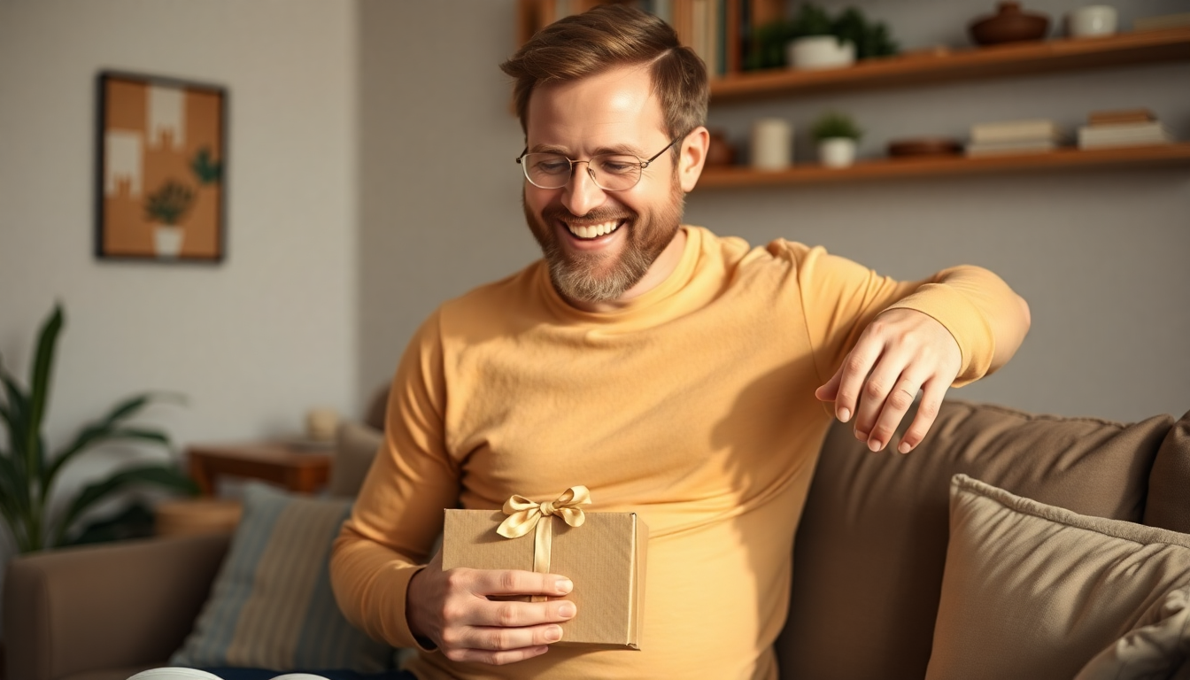 A happy expecting dad receiving a thoughtful Father's Day gift