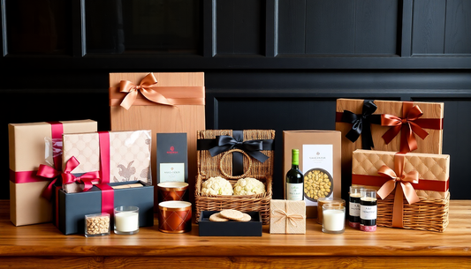 Elegant luxury gift hampers displayed on a wooden table