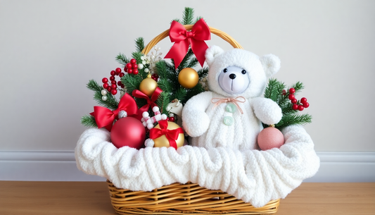 A beautifully arranged unique baby hamper with Christmas decorations