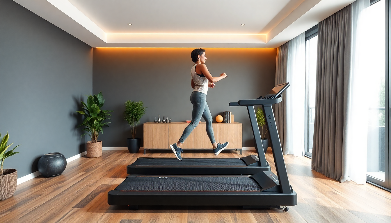 A compact electric treadmill in a modern home gym