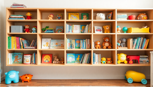 Organized children's bookshelf with colorful books and toys