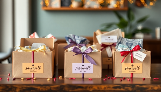 A collection of unique farewell gift boxes on a table