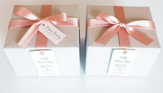 Elegant wedding gift boxes with personalized tags