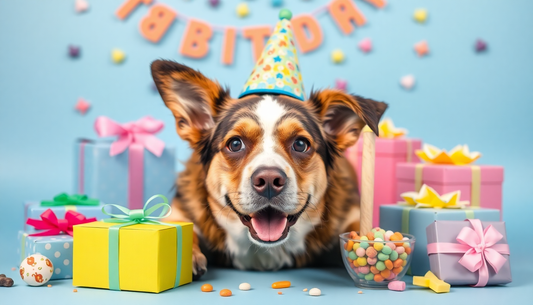 A dog surrounded by colorful birthday gifts and treats