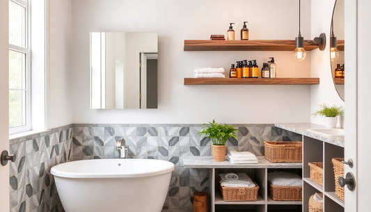 A stylish bathroom with organized shelves and storage