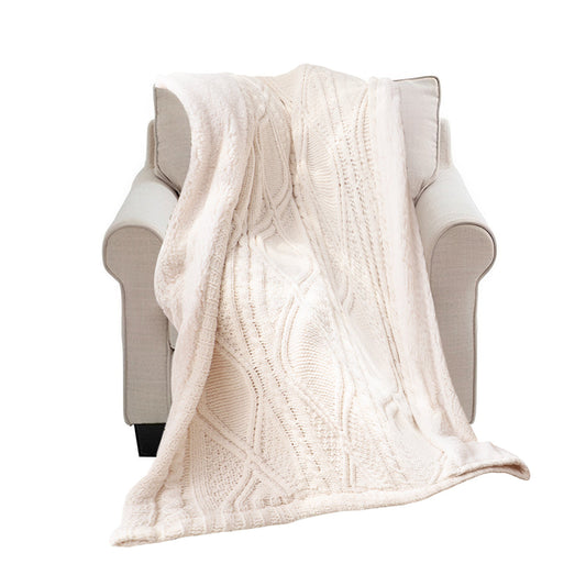 SOGA 200x230cm Throw Blanket White Chenille Fleece Knitted Fabric on One Side Soft Suede