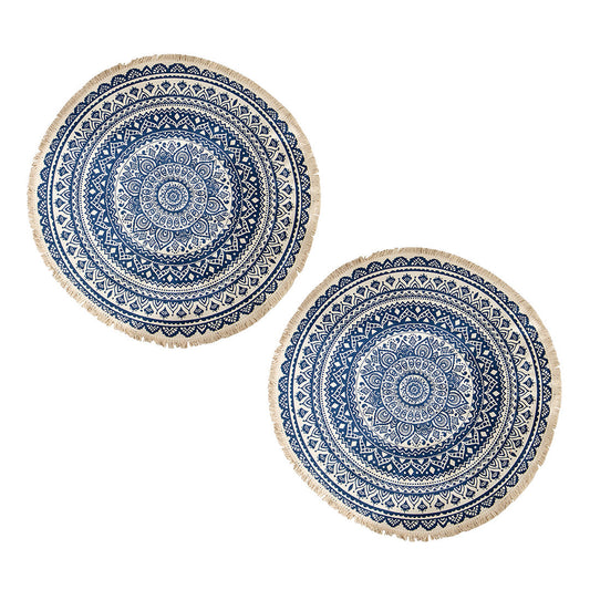 SOGA 2X Dark Blue Carpet Soft Linen Bohemian Non-Slip Floor Retro Minimalist Round Rug Home Decor with Tassels