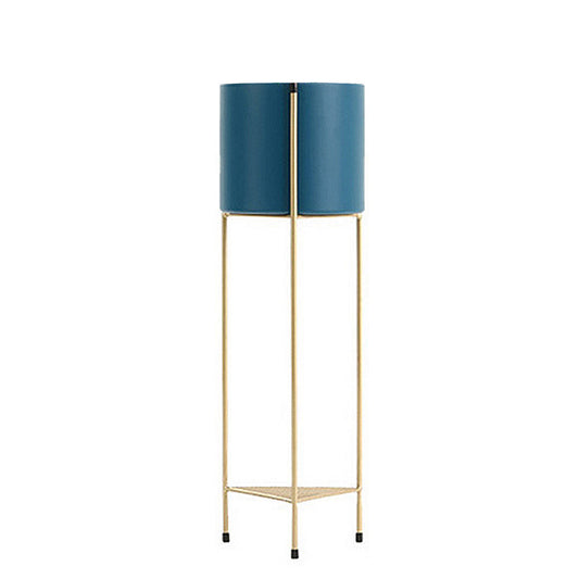 SOGA 2 Layer 65cm Gold Metal Plant Stand with Blue Flower Pot Holder Corner Shelving Rack Indoor Display