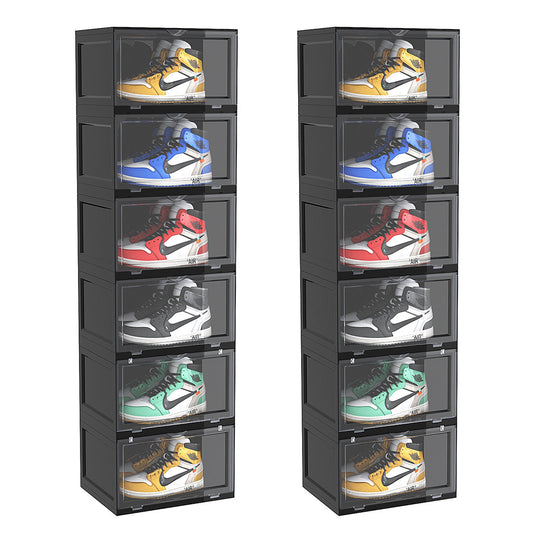 SOGA 2X 6 Tier Black Portable Shoe Organiser Sneaker Footwear Folding Plastic Bin Stackable Storage Box with Magnetic Door