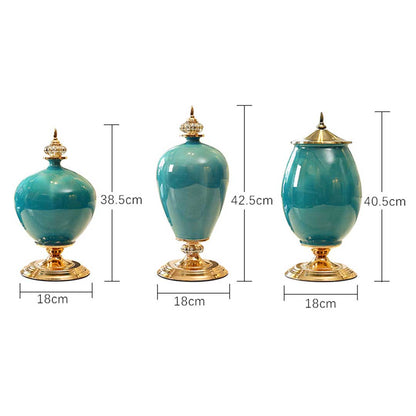 SOGA 38cm Ceramic Oval Flower Vase with Gold Metal Base Dark Blue