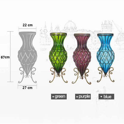 SOGA 67cm Blue Glass Tall Floor Vase and 12pcs Pink Artificial Fake Flower Set